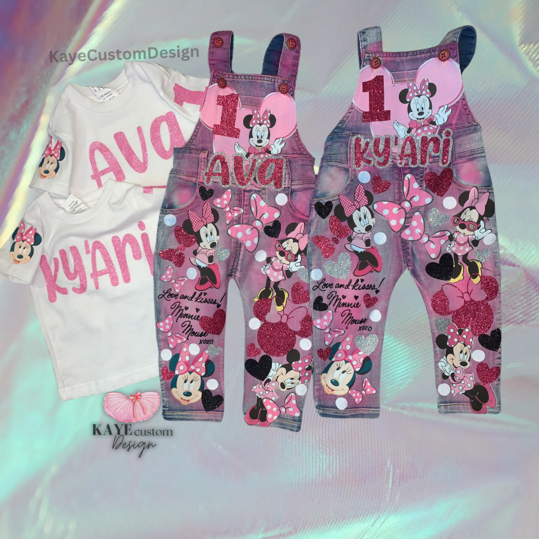 Minnie Mouse Pink Birthday Girl Overalls Custom Denim Birthday Outfit