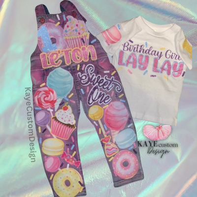 Sweet One Two Sweet Donut Grow Up Cupcake Cotton Candy Donut Birthday Girl Overalls Custom Denim Birthday Outfit