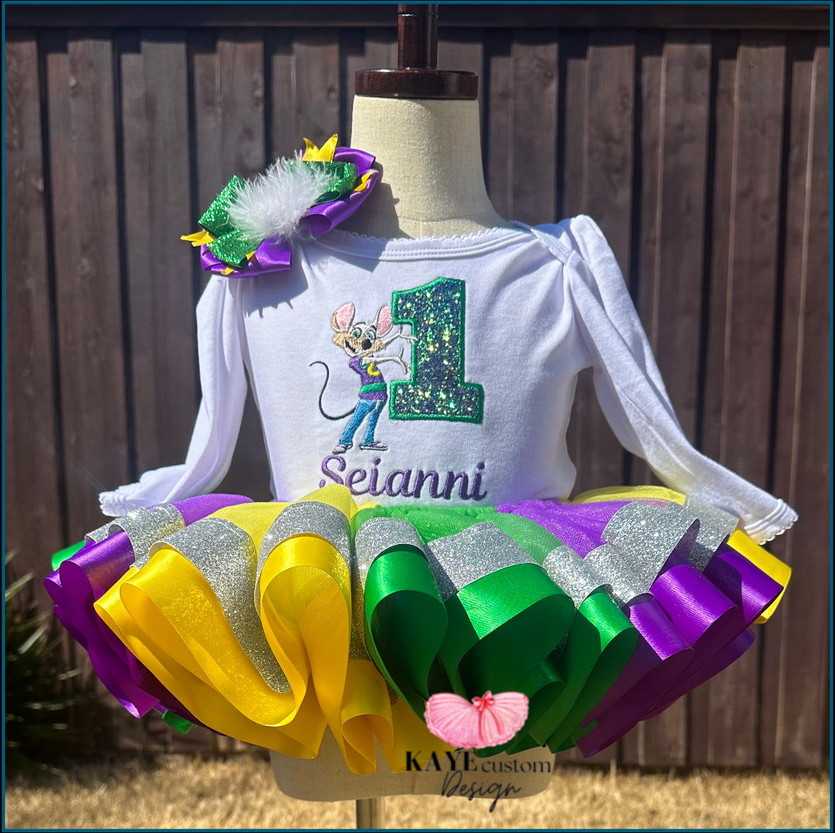 Chunk E Cheese Girl Birthday Outfit Purple | Chuck E Cheese Tutu Set Green | Rat Party Dress Kaye Custom Design