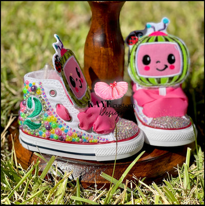 Custom CoComelon Kids Shoes | Pink Bling Rhinestone Shoes Kaye Custom Design
