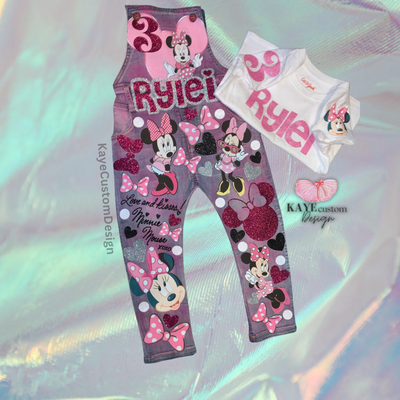 Minnie Mouse Pink Birthday Girl Overalls Custom Denim Birthday Outfit