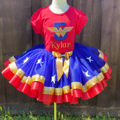 Girl's Wonder Woman Birthday Tutu Outfit for girls | Red Gold Blue Kaye Custom Design