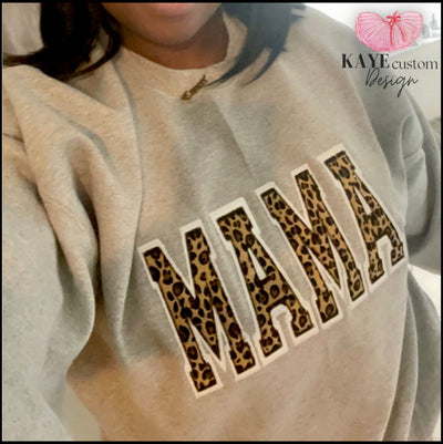 Mama Embroidered Leopard Print Applique Sweatshirt | Simple Mama Pullover, Gift for Mom, Personalized Cheetah Mama Shirt Kaye Custom Design