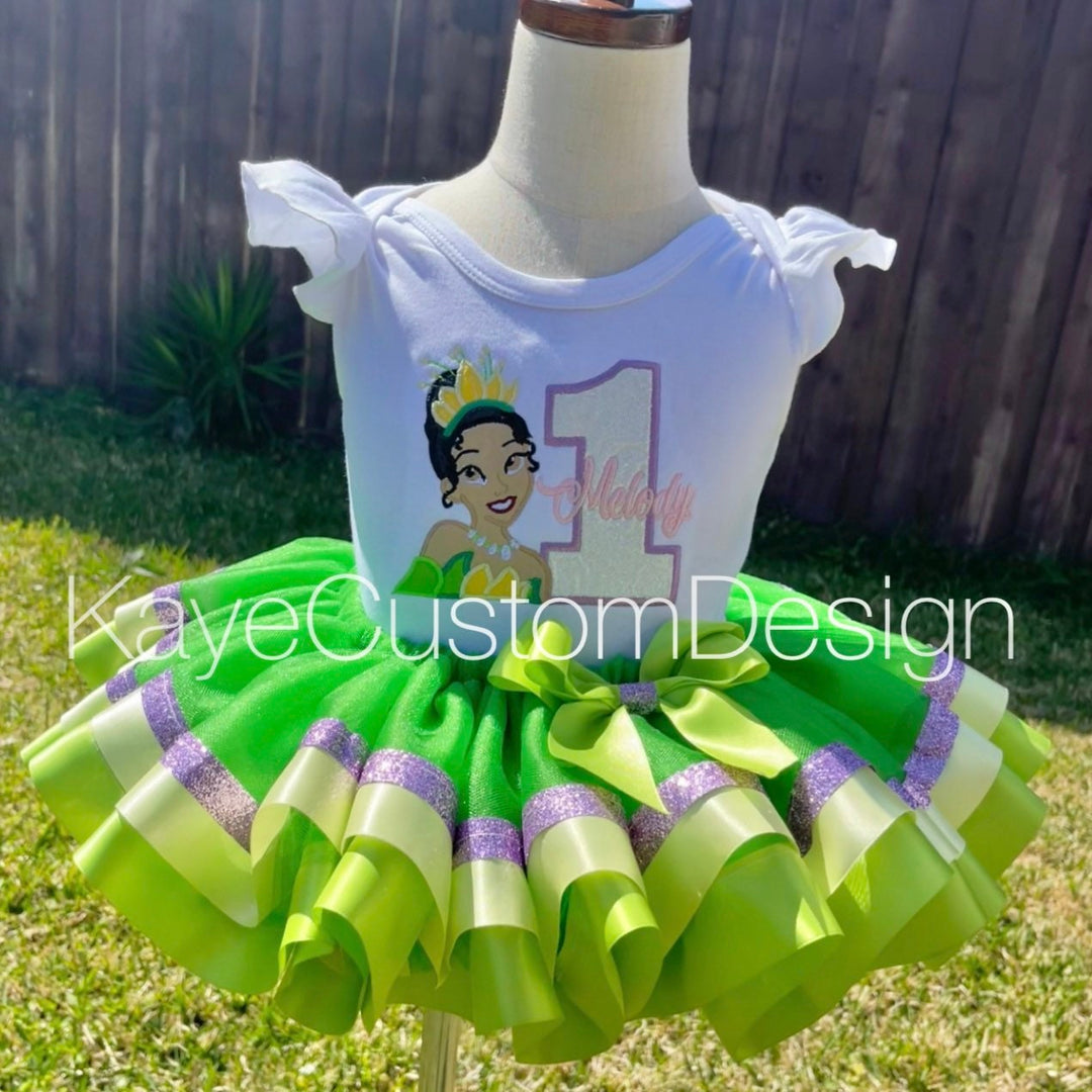 Tiana Princess and The Frog Birthday Tutu Outfit Green Tiana Party Outfit for baby girl pink
