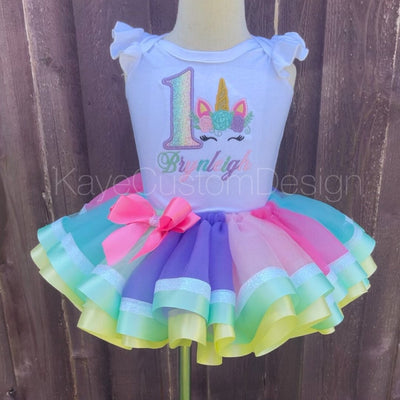 Unicorn Birthday Tutu Outfit, Rainbow Pastel Colors Kaye Custom Design